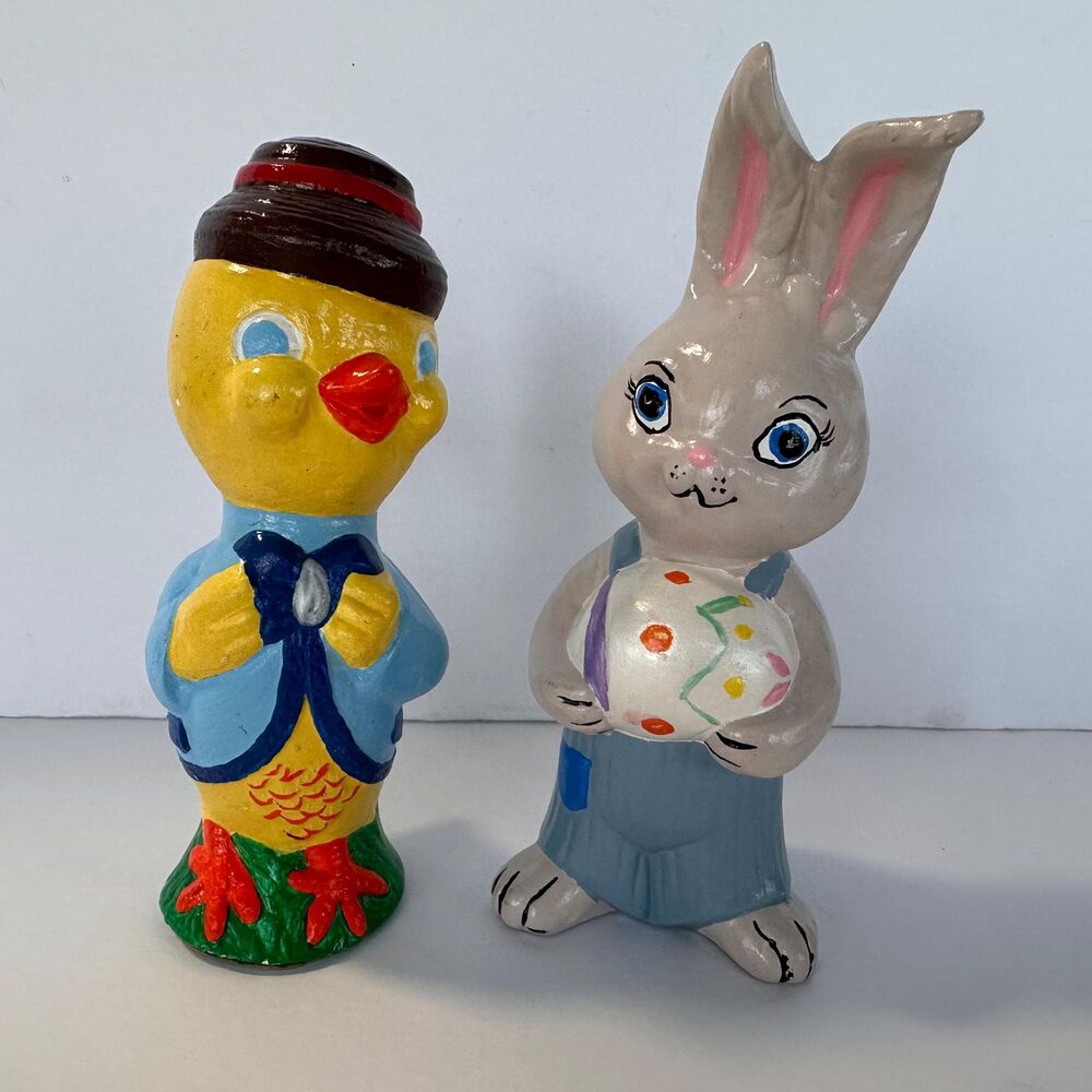 Mid Century Handpainted Ceramic Bunny Rabbit and Plaster Chick - Easter Decor